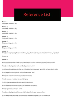 Reference List
Theme 1:
Tokyo and Singapore Bids
Theme 2:
Tokyo and Singapore Bids
Theme 3:
Tokyo and Singapore Bids
Theme 4:
Tokyo and Singapore Bids
Theme 5:
Tokyo and Singapore Bids
Theme 6:
Tokyo and Singapore Bids
Theme 7:
http://www.olympic.org/Documents/Host_city_elections/2020_Evaluation_Commission_report.pd
Theme 8:
Theme 9:
http://www.touristlink.com/hungary/alfred-hajos-national-swimming-stadium/overview.html
http://www.budapestbylocals.com/budapest-sport.html
http://www.lonelyplanet.com/hungary/budapest/activities/water-sports/alfred-hajos-sports-pools
http://www.budapestbylocals.com/budapest-sport.html
http://puskasferencstadion.com/location-access.php
http://puskasferencstadion.com/building.php
http://mnsk.hu/en/letesitmeny/puskas-ferenc-stadion/
http://www.jegy.hu/venue/papp-laszlo- budapest-sportarena
http://papplaszlosportarena.com/
http://www.budapesthotelstart.com/sights/papplaszlo-sportarena.en.html
http://www.uefa.com/under19/season=2014/ﬁnals/venueguide/city=1327/index.html
 