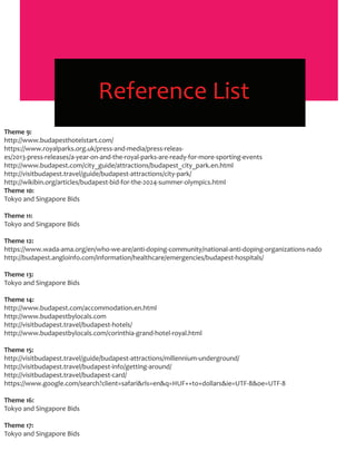 Reference List
Theme 9:
http://www.budapesthotelstart.com/
https://www.royalparks.org.uk/press-and-media/press-releas-
es/2013-press-releases/a-year-on-and-the-royal-parks-are-ready-for-more-sporting-events
http://www.budapest.com/city_guide/attractions/budapest_city_park.en.html
http://visitbudapest.travel/guide/budapest-attractions/city-park/
http://wikibin.org/articles/budapest-bid-for-the-2024-summer-olympics.html
Theme 10:
Tokyo and Singapore Bids
Theme 11:
Tokyo and Singapore Bids
Theme 12:
https://www.wada-ama.org/en/who-we-are/anti-doping-community/national-anti-doping-organizations-nado
http://budapest.angloinfo.com/information/healthcare/emergencies/budapest-hospitals/
Theme 13:
Tokyo and Singapore Bids
Theme 14:
http://www.budapest.com/accommodation.en.html
http://www.budapestbylocals.com
http://visitbudapest.travel/budapest-hotels/
http://www.budapestbylocals.com/corinthia-grand-hotel-royal.html
Theme 15:
http://visitbudapest.travel/guide/budapest-attractions/millennium-underground/
http://visitbudapest.travel/budapest-info/getting-around/
http://visitbudapest.travel/budapest-card/
https://www.google.com/search?client=safari&rls=en&q=HUF++to+dollars&ie=UTF-8&oe=UTF-8
Theme 16:
Tokyo and Singapore Bids
Theme 17:
Tokyo and Singapore Bids
 