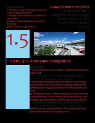 1.5
THEME 5: Customs and Immigration
Overview
1) Duty exemption, from customs, applied on all Olympic
equipment
a. Acceptable items will be made clear before
travel, of any nations, to Budapest
2) All Olympic Game personnel will receive visa exemp-
tions for one week prior to travel, during employment
at the Olympic site, and one week after the events con-
clude
3) Immigration and custom’s measures will run smooth
and	efficient	due	to	clear	communications	between	the	
Budapest	government	and	the	Olympic	Games	officials
a. Meetings	between	officials	and	government						
legislation will be done weekly and regularly
4) Work permits are hassle-free in Hungary and job op-
portunities are obtainable upon arrival
IOC Interests
1) All necessary gear, for Olympic Games,
will have duty exemptions
2) Olympic Game personnel receive Visa
exemptions
3) Quickened immigration and customs
measures
4) No charges issued on labor
Budapest 2020 Strong Point
1) Strong government
support for the actions done
by the Olympic Game’s
personnel in Budapest,
Hungary
 