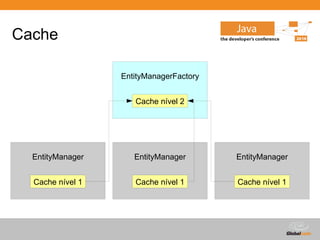 Cache

                  EntityManagerFactory


                     Cache nível 2




  EntityManager      EntityManager          EntityManager


  Cache nível 1      Cache nível 1           Cache nível 1




                                         Globalcode – Open4education
 