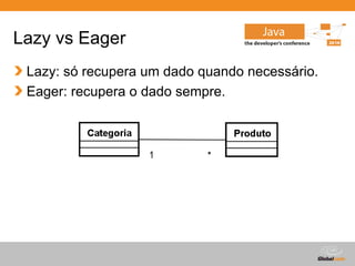 Lazy vs Eager
 Lazy: só recupera um dado quando necessário.
 Eager: recupera o dado sempre.




                                  Globalcode – Open4education
 