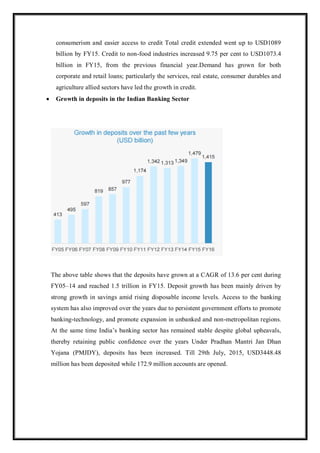 consumerism and easier access to credit Total credit extended went up to USD1089
billion by FY15. Credit to non-food industries increased 9.75 per cent to USD1073.4
billion in FY15, from the previous financial year.Demand has grown for both
corporate and retail loans; particularly the services, real estate, consumer durables and
agriculture allied sectors have led the growth in credit.
 Growth in deposits in the Indian Banking Sector
The above table shows that the deposits have grown at a CAGR of 13.6 per cent during
FY05–14 and reached 1.5 trillion in FY15. Deposit growth has been mainly driven by
strong growth in savings amid rising disposable income levels. Access to the banking
system has also improved over the years due to persistent government efforts to promote
banking-technology, and promote expansion in unbanked and non-metropolitan regions.
At the same time India‟s banking sector has remained stable despite global upheavals,
thereby retaining public confidence over the years Under Pradhan Mantri Jan Dhan
Yojana (PMJDY), deposits has been increased. Till 29th July, 2015, USD3448.48
million has been deposited while 172.9 million accounts are opened.
 