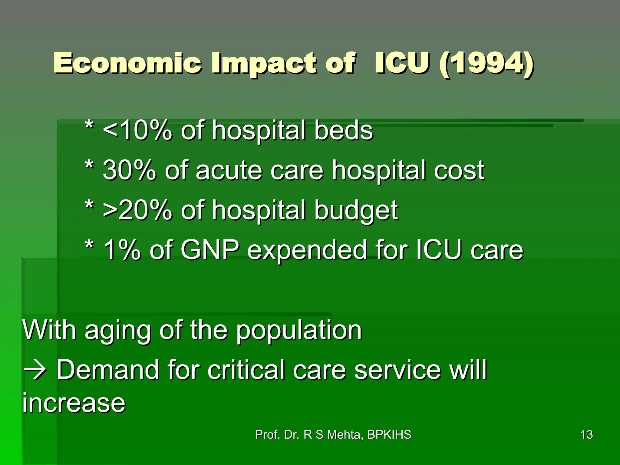 Economic Impact of ICU (1994)
Economic Impact of ICU (1994)
* <10% of hospital beds
* <10% of hospital beds
* 30% of acute care hospital cost
* 30% of acute care hospital cost
* >20% of hospital budget
* >20% of hospital budget
* 1% of GNP expended for ICU care
* 1% of GNP expended for ICU care
With aging of the population
With aging of the population

 Demand for critical care service will
Demand for critical care service will
increase
increase
13
13
Prof. Dr. R S Mehta, BPKIHS
Prof. Dr. R S Mehta, BPKIHS
 