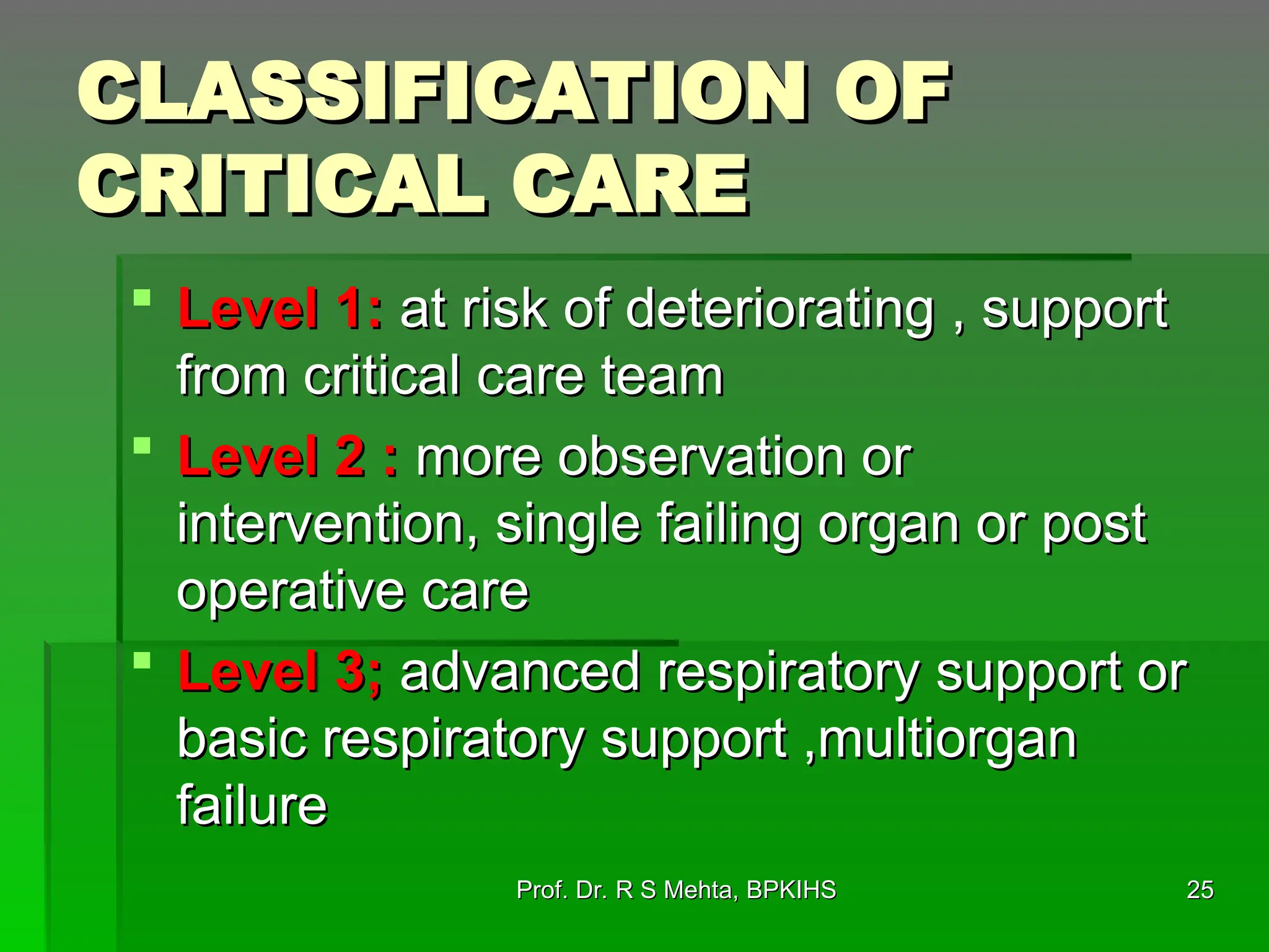 CLASSIFICATION OF
CLASSIFICATION OF
CRITICAL CARE
CRITICAL CARE
 Level 1:
Level 1: at risk of deteriorating , support
at risk of deteriorating , support
from critical care team
from critical care team
 Level 2 :
Level 2 : more observation or
more observation or
intervention, single failing organ or post
intervention, single failing organ or post
operative care
operative care
 Level 3;
Level 3; advanced respiratory support or
advanced respiratory support or
basic respiratory support ,multiorgan
basic respiratory support ,multiorgan
failure
failure
25
25
Prof. Dr. R S Mehta, BPKIHS
Prof. Dr. R S Mehta, BPKIHS
 
