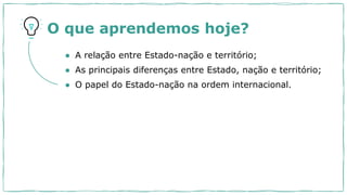O que aprendemos hoje?
● A relação entre Estado-nação e território;
● As principais diferenças entre Estado, nação e território;
● O papel do Estado-nação na ordem internacional.
 