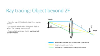 Ray tracing: Object beyond 2F
- From the top of the object, draw three rays as
shown
- The point at which these three lines meet is
where the imagine is positioned
- This results in an image that is real, inverted,
and diminished
 