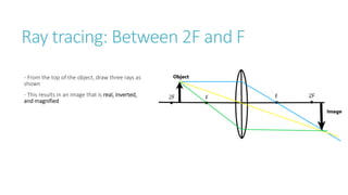 Ray tracing: Between 2F and F
- From the top of the object, draw three rays as
shown
- This results in an image that is real, inverted,
and magnified
 