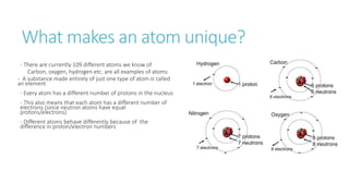 What makes an atom unique?
- There are currently 109 different atoms we know of
Carbon, oxygen, hydrogen etc. are all examples of atoms
- A substance made entirely of just one type of atom is called
an element
- Every atom has a different number of protons in the nucleus
- This also means that each atom has a different number of
electrons (since neutron atoms have equal
protons/electrons)
- Different atoms behave differently because of the
difference in proton/electron numbers
 