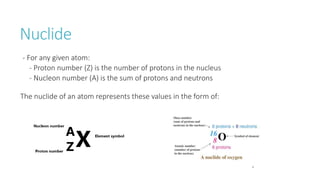 Nuclide
- For any given atom:
- Proton number (Z) is the number of protons in the nucleus
- Nucleon number (A) is the sum of protons and neutrons
The nuclide of an atom represents these values in the form of:
 