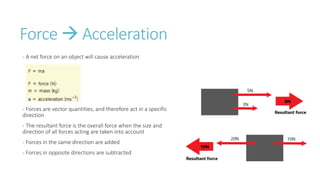 Force  Acceleration
- A net force on an object will cause acceleration
- Forces are vector quantities, and therefore act in a specific
direction
- The resultant force is the overall force when the size and
direction of all forces acting are taken into account
- Forces in the same direction are added
- Forces in opposite directions are subtracted
 