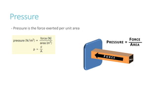 Pressure
- Pressure is the force exerted per unit area
 