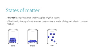 States of matter
- Matter is any substance that occupies physical space.
- The kinetic theory of matter sates that matter is made of tiny particles in constant
motion
 