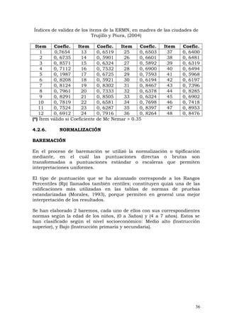 Índices de validez de los ítems de la ERMN, en madres de las ciudades de
Trujillo y Piura, (2004)
Item Coefic. Item Coefic. Item Coefic. Item Coefic.
1 0,7654 13 0, 6519 25 0, 6503 37 0, 6400
2 0, 6735 14 0, 5901 26 0, 6601 38 0, 6481
3 0, 8571 15 0, 6324 27 0, 5892 39 0, 6319
4 0, 7112 16 0, 7532 28 0, 6900 40 0, 6494
5 0, 1987 17 0, 6725 29 0, 7593 41 0, 5968
6 0, 8208 18 0, 5921 30 0, 6194 42 0, 6197
7 0, 8124 19 0, 8302 31 0, 8467 43 0, 7396
8 0, 7961 20 0, 7333 32 0, 6378 44 0, 8285
9 0, 8291 21 0, 8505 33 0, 6324 45 0, 6902
10 0, 7819 22 0, 6581 34 0, 7698 46 0, 7418
11 0, 7524 23 0, 6287 35 0, 8397 47 0, 8953
12 0, 6912 24 0, 7916 36 0, 8264 48 0, 8476
(*) Ítem válido si Coeficiente de Mc Nemar > 0.35
4.2.6. NORMALIZACIÓN
BAREMACIÓN
En el proceso de baremación se utilizó la normalización o tipificación
mediante, en el cuál las puntuaciones directas o brutas son
transformadas a puntuaciones estándar o escaleras que permiten
interpretaciones uniformes.
El tipo de puntuación que se ha alcanzado corresponde a los Rangos
Percentiles (Rp) llamados también centiles; constituyen quizá una de las
calificaciones más utilizadas en las tablas de normas de pruebas
estandarizadas (Morales, 1993), porque permiten en general una mejor
interpretación de los resultados.
Se han elaborado 2 baremos, cada uno de ellos con sus correspondientes
normas según la edad de los niños, (0 a 3años) y (4 a 7 años). Estos se
han clasificado según el nivel socioeconómico: Medio alto (Instrucción
superior), y Bajo (Instrucción primaria y secundaria).
36
 