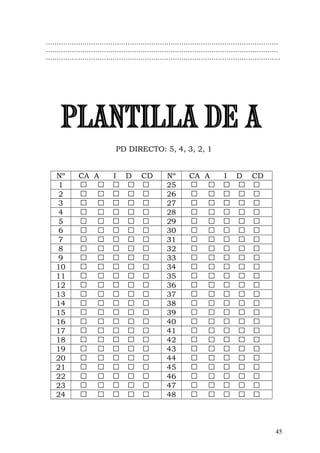 ………………………………………………………………………………………………
………………………………………………………………………………………………
……………………………………………………………………………………………….
PD DIRECTO: 5, 4, 3, 2, 1
Nº CA A I D CD Nº CA A I D CD
1 25
2 26
3 27
4 28
5 29
6 30
7 31
8 32
9 33
10 34
11 35
12 36
13 37
14 38
15 39
16 40
17 41
18 42
19 43
20 44
21 45
22 46
23 47
24 48
45
 