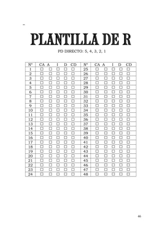 PD DIRECTO: 5, 4, 3, 2, 1
Nº CA A I D CD Nº CA A I D CD
1 25
2 26
3 27
4 28
5 29
6 30
7 31
8 32
9 33
10 34
11 35
12 36
13 37
14 38
15 39
16 40
17 41
18 42
19 43
20 44
21 45
22 46
23 47
24 48
46
 