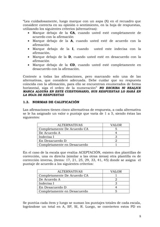 “Lea cuidadosamente, luego marque con un aspa (X) en el recuadro que
considere correcta en su opinión o sentimiento, en la hoja de respuestas,
utilizando los siguientes criterios (alternativas):
• Marque debajo de la CA, cuando usted esté completamente de
acuerdo con la afirmación
• Marque debajo de la A, cuando usted esté de acuerdo con la
afirmación
• Marque debajo de la I, cuando usted este indecisa con la
afirmación.
• Marque debajo de la D, cuando usted esté en desacuerdo con la
afirmación
• Marque debajo de la CD, cuando usted esté completamente en
desacuerdo con la afirmación.
Conteste a todas las afirmaciones, pero marcando solo una de las
alternativas, que considere adecuada. Debe cuidar que su respuesta
coincida con la afirmación, para ello se encuentran enumerados de forma
horizontal, siga el orden de la numeración” NO ESCRIBA NI REALICE
MARCA ALGUNA EN ESTE CUESTIONARIO, SUS RESPUESTAS LO HARÁ EN
LA HOJA DE RESPUESTAS
1.3. NORMAS DE CALIFICACIÓN
Las afirmaciones tienen cinco alternativas de respuesta, a cada alternativa
se le ha asignado un valor o puntaje que varía de 1 a 5, siendo éstas las
siguientes:
ALTERNATIVAS VALOR
Completamente De Acuerdo CA 5
De Acuerdo A 4
Indecisa I 3
En Desacuerdo D 2
Completamente en Desacuerdo 1
En el caso de la escala que evalúa ACEPTACIÓN, existen dos plantillas de
corrección, una es directa (similar a las otras áreas) otra plantilla es de
corrección inversa, (ítems: 17, 21, 25, 29, 33, 41, 45) donde se asigna el
puntaje de acuerdo a los siguientes criterios:
ALTERNATIVAS VALOR
Completamente De Acuerdo CA 1
De Acuerdo A 2
Indecisa I 3
En Desacuerdo D 4
Completamente en Desacuerdo 5
Se puntúa cada ítem y luego se suman los puntajes totales de cada escala,
lográndose un total en A, SP, SI, R. Luego, se convierten estos PD en
8
 