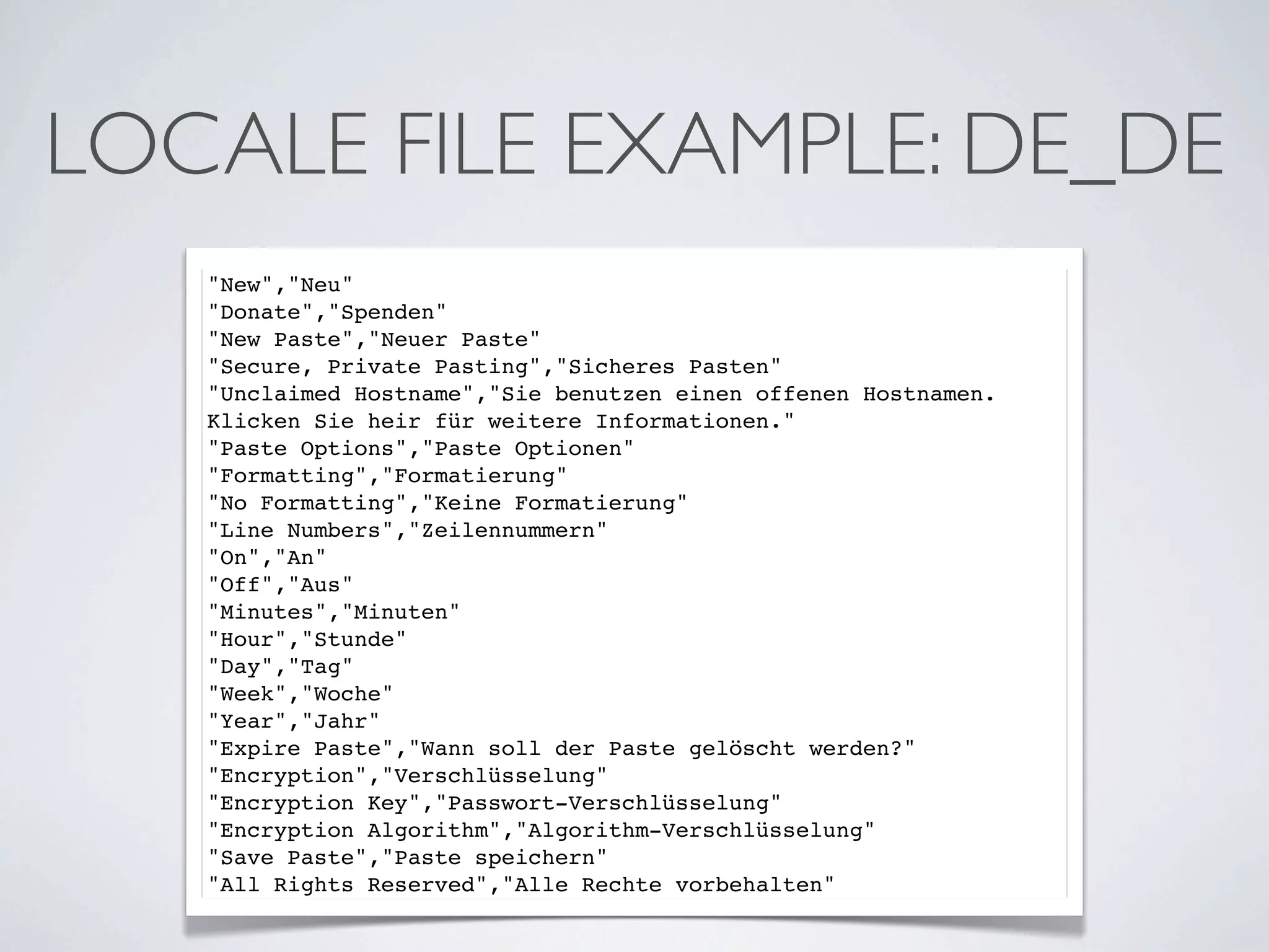 LOCALE FILE EXAMPLE: DE_DE
   "New","Neu"
   "Donate","Spenden"
   "New Paste","Neuer Paste"
   "Secure, Private Pasting","Sicheres Pasten"
   "Unclaimed Hostname","Sie benutzen einen offenen Hostnamen.
   Klicken Sie heir für weitere Informationen."
   "Paste Options","Paste Optionen"
   "Formatting","Formatierung"
   "No Formatting","Keine Formatierung"
   "Line Numbers","Zeilennummern"
   "On","An"
   "Off","Aus"
   "Minutes","Minuten"
   "Hour","Stunde"
   "Day","Tag"
   "Week","Woche"
   "Year","Jahr"
   "Expire Paste","Wann soll der Paste gelöscht werden?"
   "Encryption","Verschlüsselung"
   "Encryption Key","Passwort-Verschlüsselung"
   "Encryption Algorithm","Algorithm-Verschlüsselung"
   "Save Paste","Paste speichern"
   "All Rights Reserved","Alle Rechte vorbehalten"
 