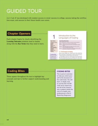 xvi
Let’s Code It! was developed with student success in mind: success in college, success taking the certifica-
tion exam, and success in their future health care career.
GUIDED TOUR
Chapter Openers
Each chapter begins by clearly identifying the
Learning Outcomes students need to master
along with the Key Terms that they need to learn.
Coding Bites
These appear throughout the text to highlight key
concepts and tips to further support understanding and
learning.
or diagnostic statement, in the
seen and treated.
The physician’s notes explai
The notes may document a spec
unnamed problem, or another
As a coding specialist, it is your
(or codes) so that everyone inv
patient at a particular time.
The International Classifica
tion (ICD-10-CM) code book c
report the reason why the healt
cific encounter.
Overview of the Interna
Revision – Clinical Mod
Book Sections
The ICD-10-CM code book (w
tions. Here is an overview of its
sections to determine the most
encounter occurred.
Index to Diseases and In
The Alphabetic Index [Index t
terms used by the physician to
from a health care professional.
The Alphabetic Index lists al
their basic description alphabet
tions are listed by
• Condition (e.g., infection, fra
• Eponym (e.g., Epstein-Barr s
• Other descriptors (e.g., perso
So, whichever type of words you
them in the Alphabetic Index in
The Alphabetic Index can on
sis, and you will use this suggest
CODING BITES
This is just an overview
to help you orient your-
self to the structure of
the code book. You will
learn, in depth, how
to use the ICD-10-CM
code set to report any
and all of the reasons
why a patient needs the
care of a health care
professional in Part II:
Reporting Diagnoses.
Condition
The state of abnormality or
dysfunction.
Eponym
A disease or condition named
for a person. Abnormal, abnormality, abno
- acid-base balance (mixed) E
- albumin R77.0
- alphafetoprotein R77.2
- alveolar ridge K08.9
Confirming Pages
2
saf6657X_ch01_001-021.indd 2 04/19/19 04:37 PM
Introduction to the
Languages of Coding
1
Key Terms
Classification Systems
Condition
Diagnosis
Eponym
External Cause
Inpatient
Medical Necessity
Nonessential Modifiers
Outpatient
Procedure
Reimbursement
Services
Treatments
Learning Outcomes
After completing this chapter, the student should be able to:
LO 1.1 Explain the four purposes of medical coding.
LO 1.2 Identify the structure of the ICD-10-CM diagnosis coding
manual.
LO 1.3 Differentiate between the types of procedures and the
various procedure coding manuals.
LO 1.4 Examine the HCPCS Level II coding manual used to report
the provision of equipment and supplies.
1.1 The Purpose of Coding
Around the world, languages exist to enable clear and accurate communication
between individuals in similar groups or working together in similar functions. The
purpose of using health care coding languages is to enable the sharing of information,
in a specific and efficient way, between all those involved in health care.
Coding languages are constructed of individual codes that are more precise than
words. (You will discover this as you venture through this textbook.) By communi-
cating using codes rather than words, you can successfully convey to others involved
(1) exactly what happened during a provider-patient encounter and (2) why it occurred.
You, as the professional coding specialist, have the responsibility to accurately interpret
health care terms and definitions (medical terminology) into numbers or number-letter
combinations (alphanumeric codes) that specifically convey diagnoses and procedures.
Why is it so critical to code diagnoses and procedures accurately? The coding lan-
guages, known as classification systems, communicate information that is key to various
aspects of the health care system, including
• Medical necessity
• Statistical analyses
• Reimbursement
• Resource allocation
Medical Necessity
The diagnosis codes that you report explain the justification for the procedure, service,
or treatment provided to a patient during his or her encounter. Every time a health
care professional provides care to a patient, there must be a valid medical reason.
Patients certainly want to know that health care professionals performed procedures
or provided care for a specific, justified purpose, and so do third-party payers! This is
referred to as medical necessity. Requiring medical necessity ensures that health care
providers are not performing tests or giving injections without a good medical reason.
Diagnosis codes explain why the individual came to see the physician and support the
physician’s decision about what procedures to provide.
Medical necessity is one of the reasons why it is so very important to code the diag-
nosis accurately and with all the detail possible. If you are one number off in your code
CODING BITES
We use the concept of
“languages” to help
you relate medical
coding—and its code
sets—to an idea you
already understand. In
the health care industry,
however, the various
code sets, such as ICD-
10-CM or HCPCS Level
II, are referred to as
Classification Systems.
Classification Systems
The term used in health care
to identify ICD-10-CM, CPT,
ICD-10-PCS, and HCPCS Level
II code sets.
CODING BITES
A diagnosis explains
WHY the patient requires
the attention of a health
care provider and a
procedure explains
WHAT the physician or
health care provider did
for the patient.
ISTUDY
 