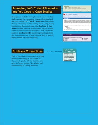 150 PART II | REPORTING DIAGNOSES
saf6657X_ch06_145-172.indd 150 04/26/19
to be malignant or benign.
Often, when you look up one of these specific neoplasm terms in the Alph
Index, it will provide you with some specific information about the tumor. Let’s
look in the ICD-10-CM Alphabetic Index under the term written by the physicia
Fibroxanthoma (see also Neoplasm, connective tissue, benign)
atypical — see Neoplasm, connective tissue, uncertain behavior
malignant — see Neoplasm, connective tissue, malignant
Fibroxanthosarcoma — see Neoplasm, connective tissue, malignant
You can see that while you might not know if a fibroxanthoma is malignant or b
the Alphabetic Index will tell you.
the suffix -oma means
tumor.
Let’s Code It!
Dr. Branson has diagnosed Abby with an alpha cell adenoma of the pancreas. You have been working wi
Dr. Branson as his coder for a while, so you know that an adenoma is a neoplasm, but what kind of neoplasm
it—benign or malignant? To help you determine this, instead of going to neoplasm, let’s see if there is a listing
the Alphabetic Index under adenoma. When you find adenoma, the book refers you to
Adenoma (see also Neoplasm, benign, by site)
This tells you an adenoma is a benign tumor. Or you can continue down this list to the indented term, and find
Adenoma
alpha-cell
pancreas D13.7
Turn to the Tabular List and read the complete description of code category D13:
D13 Benign neoplasm of other and ill-defined parts of digestive system
The note does not relate to this patient’s diagnosis for this encounter, so continue
reading down the column to review all of the choices for the required fourth character.
D13.7 Benign neoplasm of endocrine pancreas
That matches Dr. Branson’s diagnosis.
Check the top of this subsection and the head of this chapter in ICD-10-CM. There are several NOTES. Rea
carefully. Do any relate to Dr. Branson’s diagnosis of Abby? No. Turn to the Official Guidelines and read Sectio
I.C.2. There is nothing specifically applicable here, either.
Good job!
LET’S CODE IT! SCENARIO
Abby Shantner, a 41-year-old female, comes to see Dr. Branson to get the results of her biopsy. Dr. Branson expl
that Abby has an alpha cell adenoma of the pancreas. Dr. Branson spends 30 minutes discussing treatment opti
ICD-10-CM
Malignant Primary
The term primary indicates the anatomical site (the place in the body) where the
nant neoplasm was first seen and identified. If the physician’s notes do not s
primary or secondary, then the site mentioned is primary.
CHAPTER 6 | CODING NEOPLA
saf6657X_ch06_145-172.indd 147
Pathology reports also may provide information on the grading and/or staging of the
tumor. Grading a tumor is the microscopic analysis of the tumor cells and tissue to describe
how abnormal they appear. Staging, however, evaluates the size and location of the tumor,
as well as determination of any signs or evidence of metastasis. In some cases, you will
need to know the grade of a patient’s tumor so you can determine the correct code.
EXAMPLES
C82.07 Follicular lymphoma grade I, spleen
C82.16 Follicular lymphoma grade II, intrapelvic lymph nodes
These two codes are examples of those with code descriptions that require you to
check the physician’s documentation and pathology reports to identify the grade
of the tumor.
Confirm
104 PART II | REPORTING DIAGNOSES
saf6657X_ch05_101-144.indd 104 04
5.2 Bacterial Infections
Types of Bacteria
Bacteria are single-celled organisms named by their shape (see Figure 5-1). R
bacteria, called bacilli, are responsible for the development of diphtheria, te
tuberculosis, among others. Spirilla, bacterial organisms shaped like a sp
Bacteria
Single-celled microorganisms
that cause disease.
EXAMPLE
N30 Cystitis
Use additional code to identify infectious agent (B95–B97)
Very often, the ICD-10-CM will tell you that you will need this second code
identify the specific pathogen.
(c)
(a)
(d)
(b)
FIGuRE 5-1 Types of bacteria: (a) coccus, (b) bacillus, (c) spirillum, and (d) vibrio (a) Source: Janice Carr/CDC;
(b) Source: Janice Carr/CDC; (c) ©Melba Photo Agency/Alamy; (d) Source: Janice Carr/CDC
YOu INTERPRET IT!
What is the mode of transmission for each condition?
1. Hepatitis B ___________
2. Measles ___________
3. Cholera ___________
4. Insect bites ___________
5. Influenza ___________
Guidance Connections
Each of these boxes connects the concepts
students are learning in the chapter to
the related, specific Official Guidelines in
order to further students’ knowledge and
understanding of coding resources.
Examples, Let’s Code It! Scenarios,
and You Code It! Case Studies
Examples are included throughout each chapter to help
students make the connection between theoretical and
practical coding. Let’s Code It! Scenarios walk students
through abstracting and the coding process, step-by-step,
to determine the correct code. And You Code It! Case
Studies provide students with hands-on practice coding
scenarios and case studies throughout each chapter. In
addition, You Interpret It! questions present opportuni-
ties for students to use critical-thinking skills to identify
details needed for accurate coding.
146 PART II | REPORTING DIAGNOSES
saf6657X_ch06_145-172.indd 146
Also, read the next notation carefully:
Use additional code to identify any fam
ICD-10-CM reminds you that an additional
factor for the screening is not age but family
in the patient’s past bloodline had been diag
and it is known that this places the patient a
EXAMPLE
You would report code:
Z80.42 Family history of malignan
in addition to code Z12.5 for an encoun
a screening prostate exam because his f
with prostate cancer, dramatically increa
EXAMPLE
You would report code:
Z85.3 Personal history of malign
in addition to code Z12.31 Encounter f
nant neoplasm of breast for an encount
for a screening mammogram every 6 mo
because the fact that she had a malignan
dramatically increases her risk for a recu
EXAMPLE
You would report code:
N63.- Unspecified lump in breas
for an encounter when a 62-year-old fem
she felt a lump in her breast during her m
confirmed it was suspicious.
A personal history code (Z85.-) shoul
receive screening tests more frequently tha
tory of breast cancer may get mammogram
personal history of breast cancer code will
in the frequency of testing.
GUIDANCE
CONNECTION
Read the ICD-10-CM
Official Guidelines for
Coding and Reporting,
section I. Conventions,
General Coding Guide-
lines and Chapter-
Specific Guidelines,
subsection C. Chapter-
Specific Coding
Guidelines, chapter 21.
Factors influencing
health status and con-
tact with health services
(Z00–Z99), subsection
c.4) History (of).
The Z12 code category also carries an
ference between a diagnostic test, which is
or symptoms, and a screening test, which is
tion of disease without signs or symptoms.
encounter for diagnostic
Confirming a Diagnosis
Once the patient exhibits signs, such as a
or an abnormality identified during a scree
essence of the neoplasm. This is the only w
cells and malignant cells.
ISTUDY
 