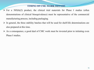 19
TIMING OF CMC WORK DIFFERS
 For a 505(b)(2) product, the clinical trial materials for Phase I studies (often
demonstrations of clinical bioequivalence) must be representative of the commercial
manufacturing process, including packaging.
 In general, the three stability batches that will be used for shelf-life determinations are
also prepared at this time.
 As a consequence, a good deal of CMC work must be invested prior to initiating even
Phase I studies.
 