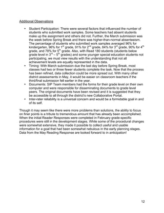 !

Additional Observations

    •   Student Participation: There were several factors that influenced the number of
        students who submitted work samples. Some teachers had absent students
        make up the assignment and others did not. Further, the March submission was
        the week before Spring Break and there was higher-than-normal absenteeism.
        The percentage of students who submitted work samples averaged 96% for
        kindergarten, 96% for 1st grade, 91% for 2nd grade, 84% for 3rd grade, 90% for 4th
        grade, and 78% for 5th grade. Also, with Read 180 students (students below
        grade level in 3rd – 5th grades) and some younger special education students not
        participating, we must view results with the understanding that not all
        achievement levels are equally represented in the data.
    •   Timing: With March submission due the last day before Spring Break, most
        classes had two or three fewer students complete the task. Now that the process
        has been refined, data collection could be more spread out. With many other
        district assessments in May, it would be easier on classroom teachers if the
        third/final submission fell earlier in the year.
    •   Documents: SIP Team members had the forms for their grade level on their own
        computer and were responsible for disseminating documents to grade level
        peers. The original documents have been revised and it is suggested that they
        be accessible to all through the district’s new Collaborative Portal.
    •   Inter-rater reliability is a universal concern and would be a formidable goal in and
        of its self.

Though it may seem like there were more problems than solutions, the ability to focus
on finer points is a tribute to tremendous amount that has already been accomplished.
When the initial Reader Responses were completed in February grade-specific
procedures were still in the development stages. While some of the procedural changes
were somewhat extensive, they made it possible to collect useful and usable
information for a goal that had been somewhat nebulous in the early planning stages.
Data from the May Reading Response are looked forward to in anticipation!




!                                                                                        12!
 