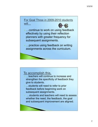!"#"$%&




!! …continue  to work on using feedback
 effectively by using their reflection
 planners with greater frequency for
 subsequent assignments.
!! …practice
          using feedback on writing
 assignments across the curriculum.




!! …teachers   will continue to increase and
   strengthen the specificity of feedback they
   give to students.
!! …students will need to refer to prior
   feedback before beginning work on
   subsequent assignments.
!! …students and teachers will need to assess
   whether the need, the feedback, the goal
   and subsequent improvement are aligned.




                                                      '&
 