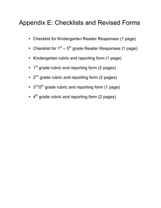 Appendix E: Checklists and Revised Forms

   • Checklist for Kindergarten Reader Responses (1 page)

   • Checklist for 1st – 5th grade Reader Responses (1 page)

   • Kindergarten rubric and reporting form (1 page)

   • 1st grade rubric and reporting form (2 pages)

   • 2nd grade rubric and reporting form (2 pages)

   • 3rd/5th grade rubric and reporting form (1 page)

   • 4th grade rubric and reporting form (2 pages)
 