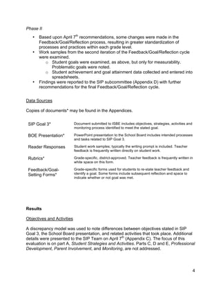  

Phase II
      •   Based upon April 7th recommendations, some changes were made in the
          Feedback/Goal/Reflection process, resulting in greater standardization of
          processes and practices within each grade level.
      •   Work samples from the second iteration of the Feedback/Goal/Reflection cycle
          were examined.
             o Student goals were examined, as above, but only for measurability.
                Problematic goals were noted.
             o Student achievement and goal attainment data collected and entered into
                spreadsheets.
      •   Findings were reported to the SIP subcommittee (Appendix D) with further
          recommendations for the final Feedback/Goal/Reflection cycle.


Data Sources

Copies of documents* may be found in the Appendices.


    SIP Goal 3*             Document submitted to ISBE includes objectives, strategies, activities and
                            monitoring process identified to meet the stated goal.

    BOE Presentation*       PowerPoint presentation to the School Board includes intended processes
                            and tasks related to SIP Goal 3.

    Reader Responses        Student work samples; typically the writing prompt is included. Teacher
                            feedback is frequently written directly on student work.

    Rubrics*                Grade-specific, district-approved. Teacher feedback is frequently written in
                            white space on this form.

    Feedback/Goal-          Grade-specific forms used for students to re-state teacher feedback and
    Setting Forms*          identify a goal. Some forms include subsequent reflection and space to
                            indicate whether or not goal was met.




Results

Objectives and Activities

A discrepancy model was used to note differences between objectives stated in SIP
Goal 3, the School Board presentation, and related activities that took place. Additional
details were presented to the SIP Team on April 7th (Appendix C). The focus of this
evaluation is on part A, Student Strategies and Activities. Parts C, D and E, Professional
Development, Parent Involvement, and Monitoring, are not addressed.




                                                                                                         4
 