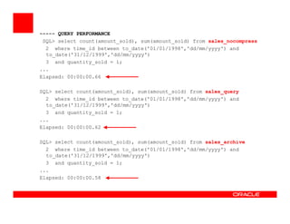 ----- QUERY PERFORMANCE
SQL> select count(amount_sold), sum(amount_sold) from sales_nocompress
2 where time_id between to_date('01/01/1998','dd/mm/yyyy') and
to_date('31/12/1999','dd/mm/yyyy')
3 and quantity_sold = 1;
...
Elapsed: 00:00:00.66
SQL> select count(amount_sold), sum(amount_sold) from sales_query
2 where time_id between to_date('01/01/1998','dd/mm/yyyy') and
to_date('31/12/1999','dd/mm/yyyy')
3 and quantity_sold = 1;3 and quantity_sold = 1;
...
Elapsed: 00:00:00.62
SQL> select count(amount_sold), sum(amount_sold) from sales_archive
2 where time_id between to_date('01/01/1998','dd/mm/yyyy') and
to_date('31/12/1999','dd/mm/yyyy')
3 and quantity_sold = 1;
...
Elapsed: 00:00:00.58
 