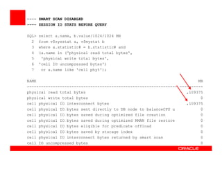 ---- SMART SCAN DISABLED
---- SESSION IO STATS BEFORE QUERY
SQL> select a.name, b.value/1024/1024 MB
2 from v$sysstat a, v$mystat b
3 where a.statistic# = b.statistic# and
4 (a.name in ('physical read total bytes',
5 'physical write total bytes',
6 'cell IO uncompressed bytes')
7 or a.name like 'cell phy%');
NAME MB
---------------------------------------------------------------- -------------------------------------------------------------------------- ----------
physical read total bytes ,109375
physical write total bytes 0
cell physical IO interconnect bytes ,109375
cell physical IO bytes sent directly to DB node to balanceCPU u 0
cell physical IO bytes saved during optimized file creation 0
cell physical IO bytes saved during optimized RMAN file restore 0
cell physical IO bytes eligible for predicate offload 0
cell physical IO bytes saved by storage index 0
cell physical IO interconnect bytes returned by smart scan 0
cell IO uncompressed bytes 0
 