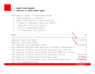 ---- SMART SCAN ENABLED
---- SESSION IO STATS AFTER QUERY
SQL> select a.name, b.value/1024/1024 MB
2 from v$sysstat a, v$mystat b
3 where a.statistic# = b.statistic# and
4 (a.name in ('physical read total bytes',
5 'physical write total bytes',
6 'cell IO uncompressed bytes')
7 or a.name like 'cell phy%');
NAME MB
---------------------------------------------------------------- -------------------------------------------------------------------------- ----------
physical read total bytes 172,46875
physical write total bytes 0
cell physical IO interconnect bytes 4,91526794
cell physical IO bytes sent directly to DB node to balanceCPU u 0
cell physical IO bytes saved during optimized file creation 0
cell physical IO bytes saved during optimized RMAN file restore 0
cell physical IO bytes eligible for predicate offload 172,453125
cell physical IO bytes saved by storage index 12,328125
cell physical IO interconnect bytes returned by smart scan 4,89964294
cell IO uncompressed bytes 160,125
 