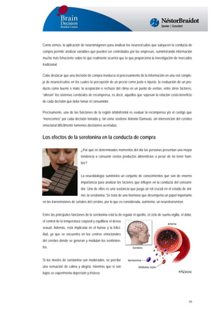 Como vemos, la aplicación de neuroimágenes para analizar los neurocircuitos que subyacen la conducta de
compra permite analizar variables que pueden ser controladas por las empresas, suministrando información
mucho más fehaciente sobre lo que realmente ocurrirá que la que proporciona la investigación de mercados
tradicional.
Cabe destacar que una decisión de compra involucra el procesamiento de la información en una red compleja de neurocircuitos en los cuales la percepción de un precio como justo o injusto, la evaluación de un producto como bueno o malo, la aceptación o rechazo del clima en un punto de ventas, entre otros factores,
“alteran” los sistemas cerebrales de recompensa, es decir, aquellos que sopesan la relación costo-beneficio
de cada decisión que debe tomar el consumidor.
Precisamente, una de las funciones de la región órbitofrontal es evaluar la recompensa y/o el castigo que
“merecemos” por cada decisión tomada y, tal como sostiene Antonio Damasio, sin intervención del cerebro
emocional difícilmente tomemos decisiones acertadas.

Los efectos de la serotonina en la conducta de compra
¿Por qué en determinados momentos del día las personas presentan una mayor
tendencia a consumir ciertos productos alimenticios a pesar de no tener hambre?
La neurobiología suministra un conjunto de conocimientos que son de enorme
importancia para analizar los factores que influyen en la conducta del consumidor. Uno de ellos es una sustancia que juega un rol crucial en el estado de ánimo: la serotonina. Se trata de una hormona que desempeña un papel importante
en las transmisiones de señales del cerebro, por lo que es considerada, asimismo, un neurotransmisor.
Entre las principales funciones de la serotonina está la de regular el apetito, el ciclo de sueño-vigilia, el dolor,
el control de la temperatura corporal y equilibrar el deseo
sexual. Además, está implicada en el humor y la felicidad, ya que se encuentra en los centros emocionales
del cerebro donde se generan y modulan los sentimientos.
Si los niveles de serotonina son moderados, se percibe
una sensación de calma y alegría, mientras que si son
bajos se experimenta depresión y tristeza.

16

 