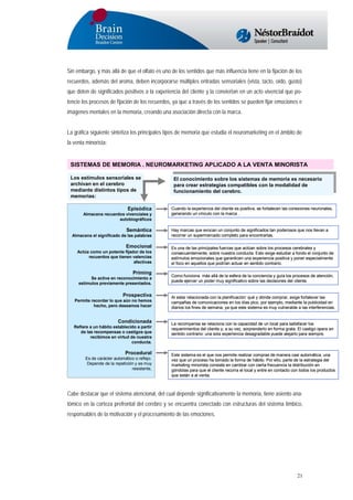 Sin embargo, y más allá de que el olfato es uno de los sentidos que más influencia tiene en la fijación de los
recuerdos, además del aroma, deben incorporarse múltiples entradas sensoriales (vista, tacto, oído, gusto)
que doten de significados positivos a la experiencia del cliente y la conviertan en un acto vivencial que potencie los procesos de fijación de los recuerdos, ya que a través de los sentidos se pueden fijar emociones e
imágenes mentales en la memoria, creando una asociación directa con la marca.
La gráfica siguiente sintetiza los principales tipos de memoria que estudia el neuromarketing en el ámbito de
la venta minorista:

SISTEMAS DE MEMORIA . NEUROMARKETING APLICADO A LA VENTA MINORISTA
Los estímulos sensoriales se
archivan en el cerebro
mediante distintos tipos de
memorias:
Episódica
Almacena recuerdos vivenciales y
autobiográficos

Semántica
Almacena el significado de las palabras

Emocional
Actúa como un potente fijador de los
recuerdos que tienen valencias
afectivas

Priming
Se activa en reconocimiento a
estímulos previamente presentados.

Prospectiva
Permite recordar lo que aún no hemos
hecho, pero deseamos hacer

Condicionada
Refiere a un hábito establecido a partir
de las recompensas o castigos que
recibimos en virtud de nuestra
conducta.

Procedural
Es de carácter automático o reflejo.
Depende de la repetición y es muy
resistente,

El conocimiento sobre los sistemas de memoria es necesario
El conocimiento sobre los sistemas de memoria es necesario
para crear estrategias compatibles con la modalidad de
para crear estrategias compatibles con la modalidad de
funcionamiento del cerebro.
funcionamiento del cerebro.

Cuando la experiencia del cliente es positiva, se fortalecen las conexiones neuronales,
generando un vínculo con la marca .

Hay marcas que evocan un conjunto de significados tan poderosos que nos llevan a
recorrer un supermercado completo para encontrarlas.
Es una de las principales fuerzas que actúan sobre los procesos cerebrales y
consecuentemente, sobre nuestra conducta. Esto exige estudiar a fondo el conjunto de
estímulos emocionales que garanticen una experiencia positiva y poner especialmente
el foco en aquellos que podrían actuar en sentido contrario.
Como funciona más allá de la esfera de la conciencia y guía los procesos de atención,
puede ejercer un poder muy significativo sobre las decisiones del cliente.

Al estar relacionada con la planificación: qué y dónde comprar, exige fortalecer las
campañas de comunicaciones en los días pico, por ejemplo, mediante la publicidad en
diarios los fines de semana, ya que este sistema es muy vulnerable a las interferencias.

La recompensa se relaciona con la capacidad de un local para satisfacer los
requerimientos del cliente y, a su vez, sorprenderlo en forma grata. El castigo opera en
sentido contrario: una sola experiencia desagradable puede alejarlo para siempre.

Este sistema es el que nos permite realizar compras de manera casi automática, una
vez que un proceso ha tomado la forma de hábito. Por ello, parte de la estrategia del
marketing minorista consiste en cambiar con cierta frecuencia la distribución en
góndolas para que el cliente recorra el local y entre en contacto con todos los productos
que están a al venta.

Cabe destacar que el sistema atencional, del cual depende significativamente la memoria, tiene asiento anatómico en la corteza prefrontal del cerebro y se encuentra conectado con estructuras del sistema límbico,
responsables de la motivación y el procesamiento de las emociones.

21

 