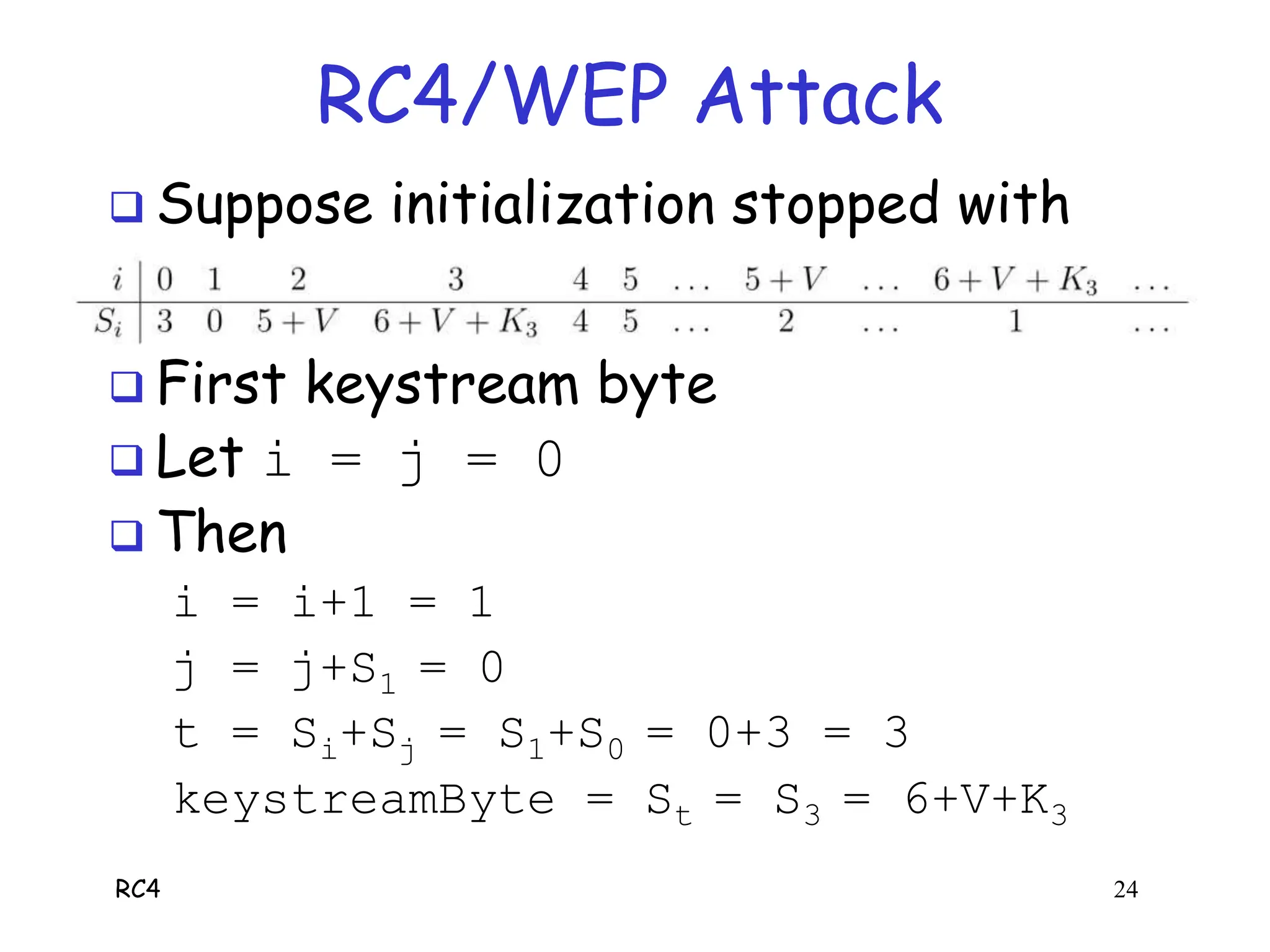 RC4 24
RC4/WEP Attack
 Suppose initialization stopped with
 First keystream byte
 Let i = j = 0
 Then
i = i+1 = 1
j = j+S1 = 0
t = Si+Sj = S1+S0 = 0+3 = 3
keystreamByte = St = S3 = 6+V+K3
 