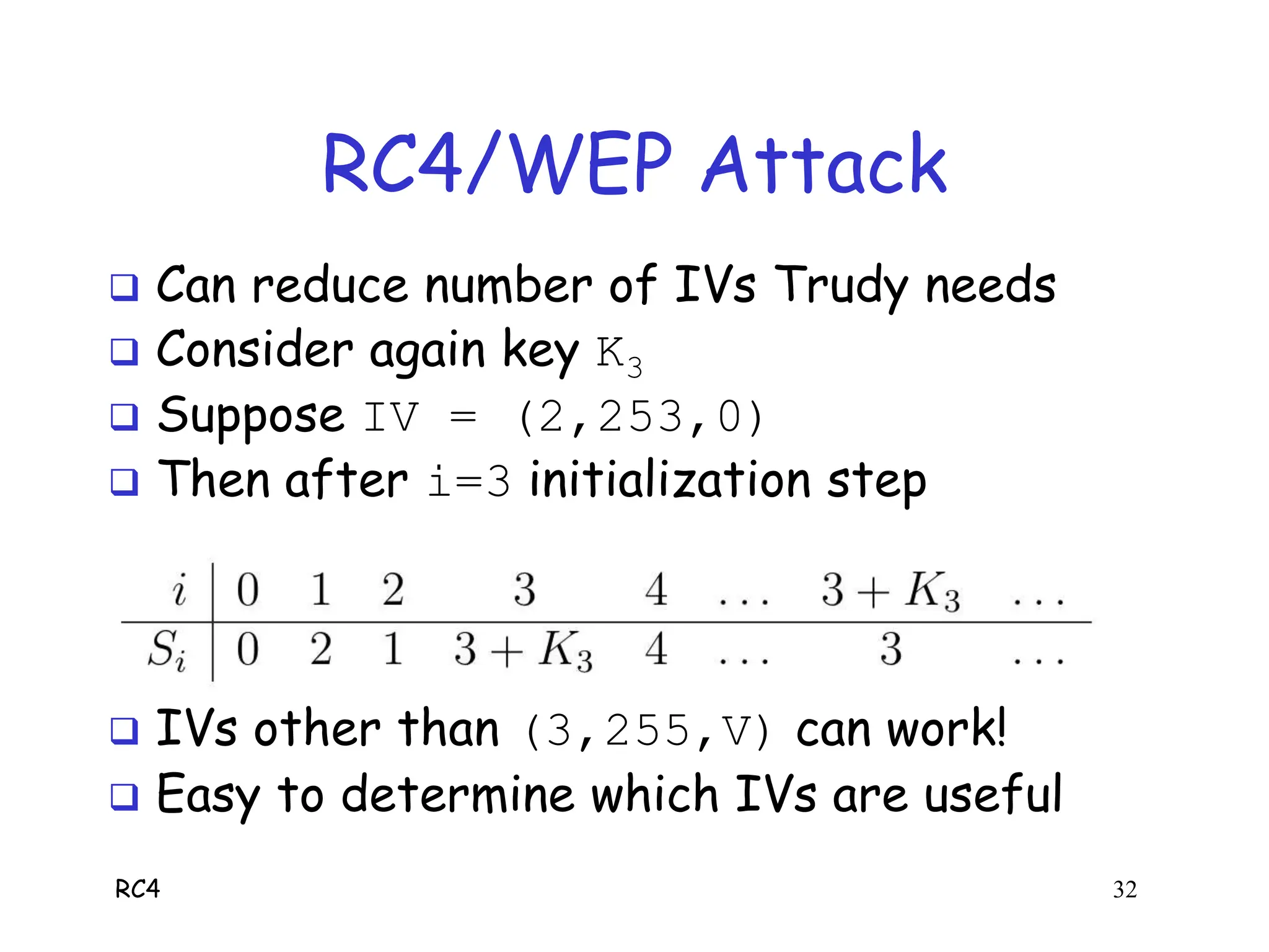 RC4 32
RC4/WEP Attack
 Can reduce number of IVs Trudy needs
 Consider again key K3
 Suppose IV = (2,253,0)
 Then after i=3 initialization step
 IVs other than (3,255,V) can work!
 Easy to determine which IVs are useful
 