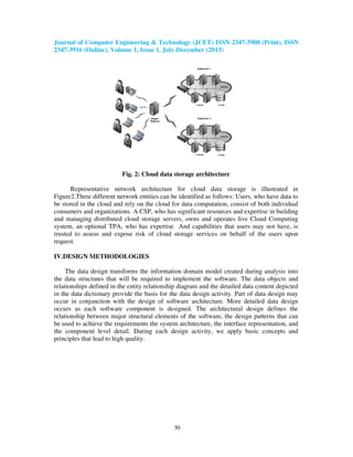 Journal of Computer Engineering & Technology (JCET)
2347-3916 (Online), Volume 1, Issue 1,
Fig. 2: Cloud dat
Representative network architecture for cloud data storage is illustrated in
Figure2.Three different network entities can be identified as follows: Users, who have data to
be stored in the cloud and rely on the cloud for data com
consumers and organizations. A CSP, who has significant resources and expertise in building
and managing distributed cloud storage servers, owns and operates live Cloud Computing
system, an optional TPA, who has expertise
trusted to assess and expose risk of cloud storage services on
request.
IV.DESIGN METHODOLOGIES
The data design transforms the information domain
the data structures that will be required to implement the software. The data objects and
relationships defined in the entity relationship diagram and the detailed data content depicted
in the data dictionary provide the
occur in conjunction with the design of software architecture. More detailed data design
occurs as each software component is designed. The architectural design defines the
relationship between major structural elements of the software, the design patterns that can
be used to achieve the requirements the system architecture, the interface representation, and
the component level detail. During each design activity, we apply basic concepts and
principles that lead to high quality.
f Computer Engineering & Technology (JCET) ISSN 2347-3908 (Print), ISSN
me 1, Issue 1, July-December (2013)
30
Fig. 2: Cloud data storage architecture
Representative network architecture for cloud data storage is illustrated in
Figure2.Three different network entities can be identified as follows: Users, who have data to
be stored in the cloud and rely on the cloud for data computation, consist of both individual
consumers and organizations. A CSP, who has significant resources and expertise in building
and managing distributed cloud storage servers, owns and operates live Cloud Computing
optional TPA, who has expertise And capabilities that users may not have, is
trusted to assess and expose risk of cloud storage services on behalf of the users upon
IV.DESIGN METHODOLOGIES
The data design transforms the information domain model created during analysis into
the data structures that will be required to implement the software. The data objects and
relationships defined in the entity relationship diagram and the detailed data content depicted
in the data dictionary provide the basis for the data design activity. Part of data design may
occur in conjunction with the design of software architecture. More detailed data design
occurs as each software component is designed. The architectural design defines the
jor structural elements of the software, the design patterns that can
be used to achieve the requirements the system architecture, the interface representation, and
the component level detail. During each design activity, we apply basic concepts and
ples that lead to high quality.
(Print), ISSN
Representative network architecture for cloud data storage is illustrated in
Figure2.Three different network entities can be identified as follows: Users, who have data to
putation, consist of both individual
consumers and organizations. A CSP, who has significant resources and expertise in building
and managing distributed cloud storage servers, owns and operates live Cloud Computing
capabilities that users may not have, is
the users upon
model created during analysis into
the data structures that will be required to implement the software. The data objects and
relationships defined in the entity relationship diagram and the detailed data content depicted
basis for the data design activity. Part of data design may
occur in conjunction with the design of software architecture. More detailed data design
occurs as each software component is designed. The architectural design defines the
jor structural elements of the software, the design patterns that can
be used to achieve the requirements the system architecture, the interface representation, and
the component level detail. During each design activity, we apply basic concepts and
 