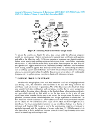 Journal of Computer Engineering & Technology (JCET) ISSN 2347-3908 (Print), ISSN
2347-3916 (Online), Volume 1, Issue 1, July-December (2013)
31
Figure.3 Translating Analysis model into Design model
To ensure the security and fidelity for cloud data storage under the aforesaid antagonist
model, we aim to design efficient mechanisms for dynamic data verification and operation
and achieve the following goals: (1) Storage correctness: to ensure users that their data are
indeed stored appropriately and kept unharmed all the time in the cloud.(2) Fast localization
of data error: to effectively locate the faulty server when data corruption has been detected.
(3) Dynamic data support: to maintain the same level of storage correctness assurance even if
users modify, delete or append their data files in the cloud. (4) Dependability: to enhance
data availability against intricate failures, malevolent data modification and server colluding
attacks, i.e. minimizing the effect brought by data errors or server failures. (5) Lightweight:
to enable users to perform storage correctness checks with minimum overhead.
V. ENSURING CLOUD DATA STORAGE
In cloud data storage system, users store their data in the cloud and no longer possess the
data locally. Thus, the correctness and availability of the data files being stored on the
distributed cloud servers must be guaranteed. One of the key issues is to effectively detect
any unauthorized data modification and corruption, possibly due to server compromise
and/or random Byzantine failures. Besides, in the distributed case when such inconsistencies
are successfully detected, to find which server the data error lies in is also of great
significance, since it can be the first step to fast recover the storage errors. To address these
problems, our main scheme for ensuring cloud data storage is presented in this section. The
first part of the section is devoted to a review of basic tools from coding theory that is needed
in our scheme for file distribution across cloud servers. Then, the homomorphic token is
introduced. The token computation function we are considering belongs to a family of
universal hash function [11], chosen to reserve the homomorphic properties, which can be
perfectly integrated with the verification of erasure-coded data [8] [12].Subsequently, it is
also shown how to derive a challenge response protocol for verifying the storage correctness
as well as identifying misbehaving servers.
 