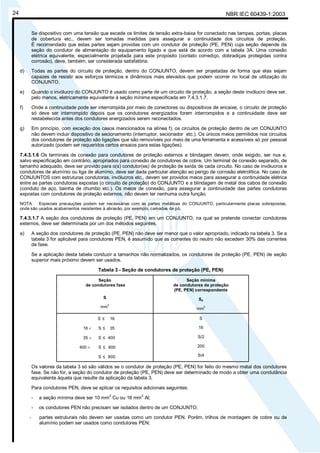NBR IEC 60439-1:200324
Se dispositivo com uma tensão que excede os limites de tensão extra-baixa for conectado nas tampas, portas, placas
de cobertura etc., devem ser tomadas medidas para assegurar a continuidade dos circuitos de proteção.
É recomendado que estas partes sejam providas com um condutor de proteção (PE, PEN) cuja seção depende da
seção do condutor de alimentação do equipamento ligado e que está de acordo com a tabela 3A. Uma conexão
elétrica equivalente, especialmente projetada para este propósito (contato corrediço, dobradiças protegidas contra
corrosão), deve, também, ser considerada satisfatória.
d) Todas as partes do circuito de proteção, dentro do CONJUNTO, devem ser projetadas de forma que elas sejam
capazes de resistir aos esforços térmicos e dinâmicos mais elevados que podem ocorrer no local de utilização do
CONJUNTO.
e) Quando o invólucro do CONJUNTO é usado como parte de um circuito de proteção, a seção deste invólucro deve ser,
pelo menos, eletricamente equivalente à seção mínima especificada em 7.4.3.1.7.
f) Onde a continuidade pode ser interrompida por meio de conectores ou dispositivos de encaixe, o circuito de proteção
só deve ser interrompido depois que os condutores energizados forem interrompidos e a continuidade deve ser
restabelecida antes dos condutores energizados serem reconectados.
g) Em princípio, com exceção dos casos mencionados na alínea f), os circuitos de proteção dentro de um CONJUNTO
não devem incluir dispositivo de secionamento (interruptor, secionador etc.). Os únicos meios permitidos nos circuitos
dos condutores de proteção são ligações que são removíveis por meio de uma ferramenta e acessíveis só por pessoal
autorizado (podem ser requeridos certos ensaios para estas ligações).
7.4.3.1.6 Os terminais de conexão para condutores de proteção externos e blindagem devem, onde exigido, ser nus e,
salvo especificação em contrário, apropriados para conexão de condutores de cobre. Um terminal de conexão separado, de
tamanho adequado, deve ser provido para o(s) condutor(es) de proteção de saída de cada circuito. No caso de invólucros e
condutores de alumínio ou liga de alumínio, deve ser dada particular atenção ao perigo de corrosão eletrolítica. No caso de
CONJUNTOS com estruturas condutoras, invólucros etc., devem ser providos meios para assegurar a continuidade elétrica
entre as partes condutoras expostas (o circuito de proteção) do CONJUNTO e a blindagem de metal dos cabos de conexão
(conduto de aço, bainha de chumbo etc.). Os meios de conexão, para assegurar a continuidade das partes condutoras
expostas com condutores de proteção externos, não devem ter nenhuma outra função.
NOTA Especiais precauções podem ser necessárias com as partes metálicas do CONJUNTO, particularmente placas sobrepostas,
onde são usados acabamentos resistentes à abrasão, por exemplo, camadas de pó.
7.4.3.1.7 A seção dos condutores de proteção (PE, PEN) em um CONJUNTO, na qual se pretende conectar condutores
externos, deve ser determinada por um dos métodos seguintes.
a) A seção dos condutores de proteção (PE, PEN) não deve ser menor que o valor apropriado, indicado na tabela 3. Se a
tabela 3 for aplicável para condutores PEN, é assumido que as correntes do neutro não excedem 30% das correntes
de fase.
Se a aplicação desta tabela conduzir a tamanhos não normalizados, os condutores de proteção (PE, PEN) de seção
superior mais próximo devem ser usados.
Tabela 3 - Seção de condutores de proteção (PE, PEN)
Seção
de condutores fase
S
mm
2
Seção mínima
de condutores de proteção
(PE, PEN) correspondente
Sp
mm
2
S ≤ 16
16 < S ≤ 35
35 < S ≤ 400
400 < S ≤ 800
S ≤ 800
S
16
S/2
200
S/4
Os valores da tabela 3 só são válidos se o condutor de proteção (PE, PEN) for feito do mesmo metal dos condutores
fase. Se não for, a seção do condutor de proteção (PE, PEN) deve ser determinado de modo a obter uma condutância
equivalente àquela que resulte da aplicação da tabela 3.
Para condutores PEN, deve se aplicar os requisitos adicionais seguintes:
- a seção mínima deve ser 10 mm
2
Cu ou 16 mm
2
Al;
- os condutores PEN não precisam ser isolados dentro de um CONJUNTO;
- partes estruturais não devem ser usadas como um condutor PEN. Porém, trilhos de montagem de cobre ou de
alumínio podem ser usados como condutores PEN;
Cópia não autorizada
 