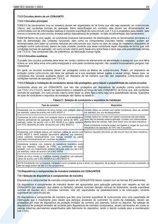 NBR IEC 60439-1:2003 29
7.5.5 Circuitos dentro de um CONJUNTO
7.5.5.1 Circuitos principais
7.5.5.1.1 Os barramentos (nus ou isolados) devem ser organizados de tal forma que não seja esperado um curto-circuito
interno, sob condições normais de operação. Salvo especificação em contrário, eles devem ser dimensionados em
conformidade com as informações relativas à corrente suportável de curto-circuito (ver 7.5.2) e projetados para resistir, pelo
menos a corrente de curto-circuito, limitada pelo(s) dispositivo(s) de proteção, no lado da alimentação dos barramentos.
7.5.5.1.2 Dentro de uma seção, os condutores (inclusive barramentos de distribuição) entre os barramentos principais e o
lado de alimentação das unidades funcionais, bem como os componentes incluídos nestas unidades, podem ser
dimensionados com base na corrente reduzida de curto-circuito que ocorre no lado da carga do respectivo dispositivo de
proteção contra curto-circuito, dentro de cada unidade, contanto que estes condutores sejam dispostos de forma que, sob
condições normais de operação, um curto-circuito interno entre fases e/ou entre fases e terra seja uma possibilidade remota
(ver 7.5.5.3). Tais condutores são, de preferência, de fabricação maciça rígida.
7.5.5.2 Circuitos auxiliares
O projeto dos circuitos auxiliares deve levar em conta o sistema de aterramento da alimentação e assegurar que uma falha
à terra ou uma falha entre uma parte energizada e uma parte condutora exposta, não causará funcionamento perigoso não
intencional.
Em geral, os circuitos auxiliares devem ser protegidos contra os efeitos de curtos-circuitos. Porém, um dispositivo de
proteção contra curto-circuito não deve ser aplicado se a sua operação estiver sujeita a causar perigo. Nesse caso, os
condutores dos circuitos auxiliares devem ser dispostos de tal maneira que não são esperados curtos-circuitos sob
condições normais de operação (ver 7.5.5.3).
7.5.5.3 Seleção e instalação de condutores ativos não-protegidos, para reduzir a possibilidade de curtos-circuitos
Condutores ativos em um CONJUNTO, que não são protegidos por dispositivos de proteção contra curto-circuito
(ver 7.5.5.1.2 e 7.5.5.2), devem ser selecionados e instalados ao longo de todo CONJUNTO, de forma que, sob condições
normais de operação, um curto-circuito interno entre fases ou entre fase e terra seja uma possibilidade remota. Exemplos
de tipos de condutores e requisitos de instalação são dados na tabela 5.
Tabela 5 - Seleção de condutores e requisitos de instalação
Tipo de condutor Requisitos
Condutores nus ou condutores de único núcleo com isolação básica,
por exemplo, cabos de acordo com a IEC 60227-3
Contato mútuo ou contato com partes condutoras deve ser evitado,
por exemplo, por uso de espaçadores.
Condutores de único núcleo com isolação básica e uma temperatura
máxima permissível de operação do condutor acima de 90ºC, por
exemplo, cabos de acordo com a IEC 60245-3 ou cabos isolados
com PVC resistente ao calor, de acordo com a IEC 60227-3
Contato mútuo ou contato com partes condutoras são permitidas
onde não há pressão externa aplicada. Contato com extremidades
afiadas deve ser evitado. Não deve haver risco de dano mecânico.
Estes condutores somente podem ser ligados a cargas em que uma
temperatura de operação de 70ºC não é excedida.
Condutores com isolação básica, por exemplo, cabos de acordo com
a IEC 60227-3, tendo isolação secundária adicional, por exemplo,
cabos cobertos individualmente com manga contrátil ou cabos
colocados individualmente em condutos de plástico
Condutores isolados com material de resistência mecânica muito
alta, por exemplo, isolação de FTFE, ou condutores de dupla
isolação, com um revestimento externo reforçado para uso até 3 kV,
por exemplo, cabos de acordo com a IEC 60502
Cabos de único núcleo ou múltiplos núcleos revestidos, por exemplo,
cabos de acordo com a IEC 60245-4 ou a IEC 60227-4
Nenhum requisito adicional, se não houver risco de dano mecânico.
NOTA Condutores nus ou isolados, instalados como na tabela acima e tendo um dispositivo de proteção contra curto-circuito conectado no
lado da carga podem ter até 3 m de comprimento.
7.6 Dispositivos e componentes de manobra instalados em CONJUNTOS
7.6.1 Seleção de dispositivos e componentes de manobra
Dispositivos e componentes de manobra incorporados em CONJUNTOS devem cumprir com as normas IEC pertinentes.
Os dispositivos e componentes de manobra devem ser apropriados para aplicação particular com respeito ao tipo do
CONJUNTO (por exemplo, tipo aberto ou fechado), tensões nominais (tensão nominal de isolamento, tensão suportável
nominal de impulso etc.), correntes nominais, vida útil, capacidades de estabelecimento e de interrupção, corrente
suportável de curto-circuito etc.
Os dispositivos e componentes de manobra que têm uma corrente suportável de curto-circuito e/ou uma capacidade de
interrupção que é insuficiente para resistir aos esforços prováveis de ocorrerem no ponto de instalação, devem ser
protegidos por meio de dispositivos de proteção limitador de corrente, por exemplo, fusível ou disjuntor. Na seleção de
dispositivos de proteção limitador de corrente para dispositivos de manobra incorporados, devem ser levados em conta os
valores máximos permissíveis especificados pelo fabricante do dispositivo, tendo o devido cuidado para a coordenação
(ver 7.5.4).
Cópia não autorizada
 