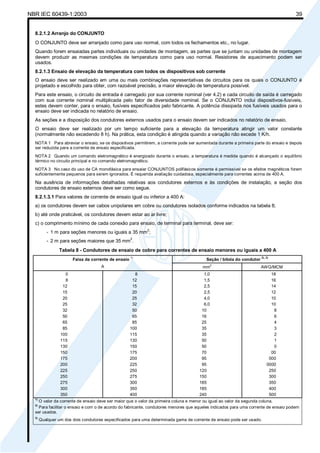 NBR IEC 60439-1:2003 39
8.2.1.2 Arranjo do CONJUNTO
O CONJUNTO deve ser arranjado como para uso normal, com todos os fechamentos etc., no lugar.
Quando forem ensaiadas partes individuais ou unidades de montagem, as partes que se juntam ou unidades de montagem
devem produzir as mesmas condições de temperatura como para uso normal. Resistores de aquecimento podem ser
usados.
8.2.1.3 Ensaio de elevação da temperatura com todos os dispositivos sob corrente
O ensaio deve ser realizado em uma ou mais combinações representativas de circuitos para os quais o CONJUNTO é
projetado e escolhido para obter, com razoável precisão, a maior elevação de temperatura possível.
Para este ensaio, o circuito de entrada é carregado por sua corrente nominal (ver 4.2) e cada circuito de saída é carregado
com sua corrente nominal multiplicada pelo fator de diversidade nominal. Se o CONJUNTO inclui dispositivos-fusíveis,
estes devem conter, para o ensaio, fusíveis especificados pelo fabricante. A potência dissipada nos fusíveis usados para o
ensaio deve ser indicada no relatório de ensaio.
As seções e a disposição dos condutores externos usados para o ensaio devem ser indicados no relatório de ensaio.
O ensaio deve ser realizado por um tempo suficiente para a elevação da temperatura atingir um valor constante
(normalmente não excedendo 8 h). Na prática, esta condição é atingida quando a variação não excede 1 K/h.
NOTA 1 Para abreviar o ensaio, se os dispositivos permitirem, a corrente pode ser aumentada durante a primeira parte do ensaio e depois
ser reduzida para a corrente de ensaio especificada.
NOTA 2 Quando um comando eletromagnético é energizado durante o ensaio, a temperatura é medida quando é alcançado o equilíbrio
térmico no circuito principal e no comando eletromagnético.
NOTA 3 No caso do uso de CA monofásica para ensaiar CONJUNTOS polifásicos somente é permissível se os efeitos magnéticos forem
suficientemente pequenos para serem ignorados. É requerida avaliação cuidadosa, especialmente para correntes acima de 400 A.
Na ausência de informações detalhadas relativas aos condutores externos e às condições de instalação, a seção dos
condutores de ensaio externos deve ser como segue.
8.2.1.3.1 Para valores de corrente de ensaio igual ou inferior a 400 A:
a) os condutores devem ser cabos unipolares em cobre ou condutores isolados conforme indicados na tabela 8;
b) até onde praticável, os condutores devem estar ao ar livre;
c) o comprimento mínimo de cada conexão para ensaio, de terminal para terminal, deve ser:
- 1 m para seções menores ou iguais a 35 mm
2
;
- 2 m para seções maiores que 35 mm
2
.
Tabela 8 - Condutores de ensaio de cobre para correntes de ensaio menores ou iguais a 400 A
Seção / bitola do condutor
2), 3)
Faixa da corrente de ensaio
1)
A mm
2
AWG/MCM
0
8
12
15
20
25
32
50
65
85
100
115
130
150
175
200
225
250
275
300
350
8
12
15
20
25
32
50
65
85
100
115
130
150
175
200
225
250
275
300
350
400
1,0
1,5
2,5
2,5
4,0
6,0
10
16
25
35
35
50
50
70
95
95
120
150
185
185
240
18
16
14
12
10
10
8
6
4
3
2
1
0
00
000
0000
250
300
350
400
500
1)
O valor da corrente de ensaio deve ser maior que o valor da primeira coluna e menor ou igual ao valor da segunda coluna.
2)
Para facilitar o ensaio e com o de acordo do fabricante, condutores menores que aqueles indicados para uma corrente de ensaio podem
ser usados.
3)
Qualquer um dos dois condutores especificados para uma determinada gama de corrente de ensaio pode ser usado.
Cópia não autorizada
 