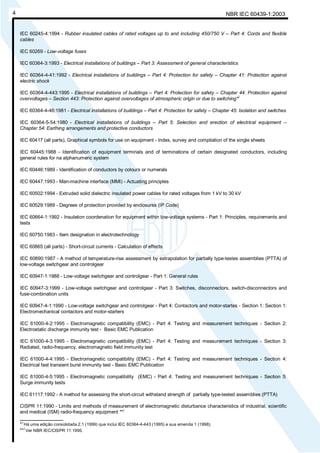 NBR IEC 60439-1:20034
IEC 60245-4:1994 - Rubber insulated cables of rated voltages up to and including 450/750 V – Part 4: Cords and flexible
cables
IEC 60269 - Low-voltage fuses
IEC 60364-3:1993 - Electrical installations of buildings – Part 3: Assessment of general characteristics
IEC 60364-4-41:1992 - Electrical installations of buildings – Part 4: Protection for safety – Chapter 41: Protection against
electric shock
IEC 60364-4-443:1995 - Electrical installations of buildings – Part 4: Protection for safety – Chapter 44: Protection against
overvoltages – Section 443: Protection against overvoltages of atmospheric origin or due to switching*)
IEC 60364-4-46:1981 - Electrical installations of buildings – Part 4: Protection for safety – Chapter 45: Isolation and switches
IEC 60364-5-54:1980 - Electrical installations of buildings – Part 5: Selection and erection of electrical equipment –
Chapter 54: Earthing arrangements and protective conductors
IEC 60417 (all parts), Graphical symbols for use on equipment - Index, survey and compilation of the single sheets
IEC 60445:1988 - Identification of equipment terminals and of terminations of certain designated conductors, including
general rules for na alphanumeric system
IEC 60446:1989 - Identification of conductors by colours or numerals
IEC 60447:1993 - Man-machine interface (MMI) - Actuating principles
IEC 60502:1994 - Extruded solid dielectric insulated power cables for rated voltages from 1 kV to 30 kV
IEC 60529:1989 - Degrees of protection provided by enclosures (IP Code)
IEC 60664-1:1992 - Insulation coordenation for equipment within low-voltage systems - Part 1: Principles, requirements and
tests
IEC 60750:1983 - Item designation in electrotechnology
IEC 60865 (all parts) - Short-circuit currents - Calculation of effects
IEC 60890:1987 - A method of temperature-rise assessment by extrapolation for partially type-testes assemblies (PTTA) of
low-voltage switchgear and controlgear
IEC 60947-1:1988 - Low-voltage switchgear and controlgear - Part 1: General rules
IEC 60947-3:1999 - Low-voltage switchgear and controlgear - Part 3: Switches, disconnectors, switch-disconnectors and
fuse-combination units
IEC 60947-4-1:1990 - Low-voltage switchgear and controlgear - Part 4: Contactors and motor-startes - Section 1: Section 1:
Electromechanical contactors and motor-starters
IEC 61000-4-2:1995 - Electromagnetic compatibility (EMC) - Part 4: Testing and measurement techniques - Section 2:
Electrostatic discharge immunity test - Basic EMC Publication
IEC 61000-4-3:1995 - Electromagnetic compatibility (EMC) - Part 4: Testing and measurement techniques - Section 3:
Radiated, radio-frequency, electromagnetic field immunity test
IEC 61000-4-4:1995 - Electromagnetic compatibility (EMC) - Part 4: Testing and measurement techniques - Section 4:
Electrical fast transient burst immunity test - Basic EMC Publication
IEC 61000-4-5:1995 - Electromagnetic compatibility (EMC) - Part 4: Testing and measurement techniques - Section 5:
Surge immunity tests
IEC 61117:1992 - A method for assessing the short-circuit withstand strength of partially type-tested assemblies (PTTA)
CISPR 11:1990 - Limits and methods of measurement of electromagnetic disturbance characteristics of industrial, scientific
and medical (ISM) radio-frequency equipment **)
________________
*)
Há uma edição consolidada 2.1 (1999) que inclui IEC 60364-4-443 (1995) e sua emenda 1 (1998).
**
)
Ver NBR IEC/CISPR 11:1995.
Cópia não autorizada
 