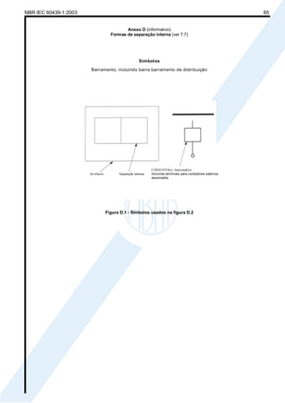 NBR IEC 60439-1:2003 65
Anexo D (informativo)
Formas de separação interna (ver 7.7)
Símbolos
Barramento, incluindo barra barramento de distribuição
Figura D.1 - Símbolos usados na figura D.2
CONJUNTO(s) funcional(is)
Incluindo terminais para condutores externos
associados
Cópia não autorizada
 
