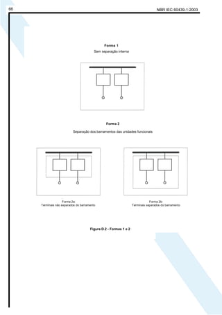 NBR IEC 60439-1:200366
Forma 2
Separação dos barramentos das unidades funcionais
Figura D.2 - Formas 1 e 2
Forma 1
Sem separação interna
Forma 2a:
Terminais não separados do barramento
Forma 2b:
Terminais separados do barramento
Cópia não autorizada
 