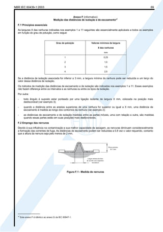 NBR IEC 60439-1:2003 69
Anexo F (informativo)
Medição das distâncias de isolação e de escoamento*
)
F.1 Princípios essenciais
As larguras X das ranhuras indicadas nos exemplos 1 a 11 seguintes são essencialmente aplicáveis a todos os exemplos
em função do grau de poluição, como segue:
Grau de poluição Valores mínimos da largura
X das ranhuras
mm
1
2
3
4
0,25
1,0
1,5
2,5
Se a distância de isolação associada for inferior a 3 mm, a largura mínima da ranhura pode ser reduzida a um terço do
valor dessa distância de isolação.
Os métodos de medição das distâncias de escoamento e de isolação são indicados nos exemplos 1 a 11. Esses exemplos
não fazem diferença entre os intervalos e as ranhuras ou entre os tipos de isolação.
Por outra:
- todo ângulo é suposto estar ponteado por uma ligação isolante de largura X mm, colocada na posição mais
desfavorável (ver exemplo 3);
- quando a distância entre as arestas superiores de uma ranhura for superior ou igual a X mm, uma distância de
escoamento é medida ao longo dos contornos da ranhura (ver exemplo 2);
- as distâncias de escoamento e de isolação medidas entre as partes móveis, uma com relação a outra, são medidas
quando essas partes estão em suas posições mais desfavoráveis.
F.2 Emprego das nervuras
Devido à sua influência na contaminação e sua melhor capacidade de secagem, as nervuras diminuem consideravelmente
a formação das correntes de fuga. As distâncias de escoamento podem ser reduzidas a 0,8 vez o valor requerido, contanto
que a altura da nervura seja pelo menos de 2 mm.
Figura F.1 - Medida de nervuras
________________
*
)
Este anexo F é idêntico ao anexo G da IEC 60947-1.
Cópia não autorizada
 