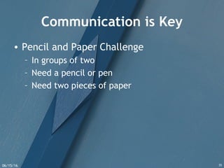06/15/16 35
Communication is Key
• Pencil and Paper Challenge
– In groups of two
– Need a pencil or pen
– Need two pieces of paper
 