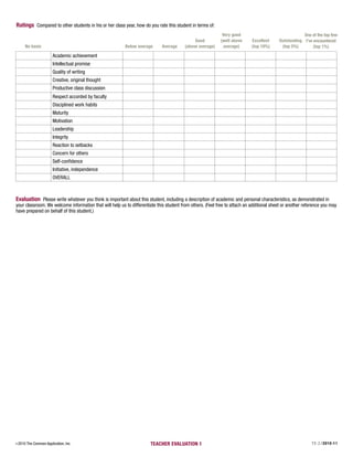 Ratings Compared to other students in his or her class year, how do you rate this student in terms of:
                                                                                                            Very good                                 One of the top few
                                                                                              Good         (well above      Excellent     Outstanding I’ve encountered
        No basis                                         Below average       Average     (above average)    average)        (top 10%)      (top 5%)        (top 1%)

                         Academic achievement
                         Intellectual promise
                         Quality of writing
                         Creative, original thought
                         Productive class discussion
                         Respect accorded by faculty
                         Disciplined work habits
                         Maturity
                         Motivation
                         Leadership
                         Integrity
                         Reaction to setbacks
                         Concern for others
                         Self-conﬁdence
                         Initiative, independence
                         OVERALL



Evaluation Please write whatever you think is important about this student, including a description of academic and personal characteristics, as demonstrated in
your classroom. We welcome information that will help us to differentiate this student from others. (Feel free to attach an additional sheet or another reference you may
have prepared on behalf of this student.)




©   2010 The Common Application, Inc.                                 TEACHER EVALUATION 1                                                                 TE-2 / 2010-11
 