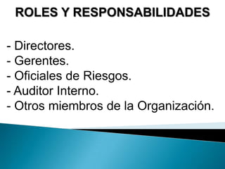 ROLES Y RESPONSABILIDADES
- Directores.
- Gerentes.
- Oficiales de Riesgos.
- Auditor Interno.
- Otros miembros de la Organización.
 