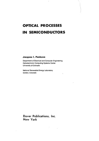 Optical Processes In Semiconductors Jacques Pankoves | PDF