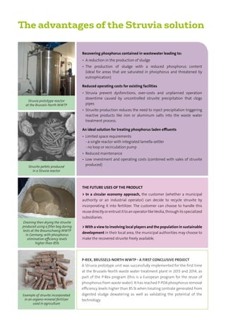The advantages of the Struvia solution
Recovering phosphorus contained in wastewater leading to:
•	 A reduction in the production of sludge
•	 The production of sludge with a reduced phosphorus content
(ideal for areas that are saturated in phosphorus and threatened by
eutrophication)
Reduced operating costs for existing facilities
•	 Struvia prevent dysfonctions, over-costs and unplanned operation
downtime caused by uncontrolled struvite precipitation that clogs
pipes
•	 Struvite production reduces the need to inject precipitation triggering
reactive products like iron or aluminum salts into the waste water
treatment process.
An ideal solution for treating phosphorus laden effluents
•	 Limited space requirements
- a single reactor with integrated lamella settler
- no loop or recirculation pump
•	 Reduced maintenance
•	 Low investment and operating costs (combined with sales of struvite
produced)
THE FUTURE USES OF THE PRODUCT
> In a circular economy approach, the customer (whether a municipal
authority or an industrial operator) can decide to recycle struvite by
incorporating it into fertilizer. The customer can choose to handle this
reusedirectlyorentrustittoanoperatorlikeVeolia,throughitsspecialized
subsidiaries.
> With a view to involving local players and the population in sustainable
development in their local area, the municipal authorities may choose to
make the recovered struvite freely available.
P-REX, BRUSSELS-NORTH WWTP - A FIRST CONCLUSIVE PROJECT
A Struvia prototype unit was successfully implemented for the first time
at the Brussels-North waste water treatment plant in 2013 and 2014, as
part of the P-Rex program (this is a European program for the reuse of
phosphorus from waste water). It has reached P-PO4 phosphorus removal
efficiency levels higher than 85 % when treating centrate generated from
digested sludge dewatering as well as validating the potential of the
technology.
Struvia prototype reactor
at the Brussels-North WWTP
Struvite pellets produced
in a Struvia reactor
Draining then drying the struvite
produced using a filter bag during
tests at the Braunschweig WWTP
in Germany, with phosphorus
elimination efficiency levels
higher than 85%
Example of struvite incorporated
in an organo-mineral fertilizer
used in agriculture
 