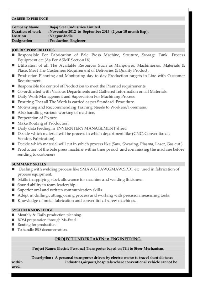 resume for production engineer